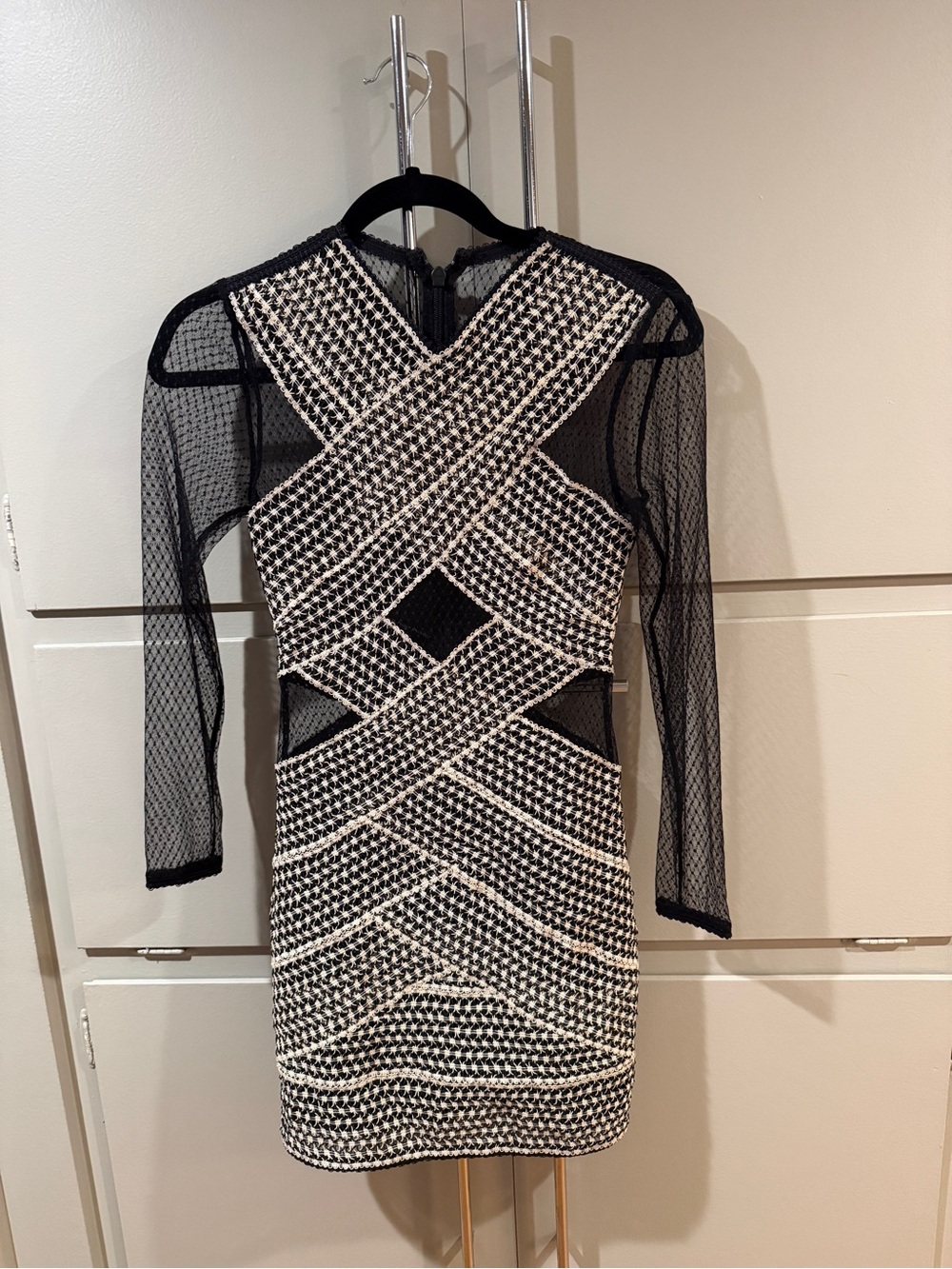 Topshop Black and White Geometric Mesh Sleeve Mini Dress